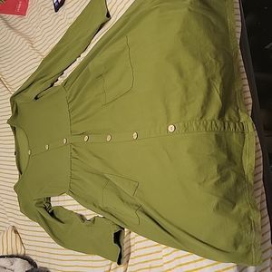 Green midi long sleeve dress with decorative buttons and pockets. Size medium.